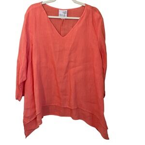 La. FIXSUN Size L Linen V Neck Tunic Top Coral Layered Hem Relaxed Made USA
